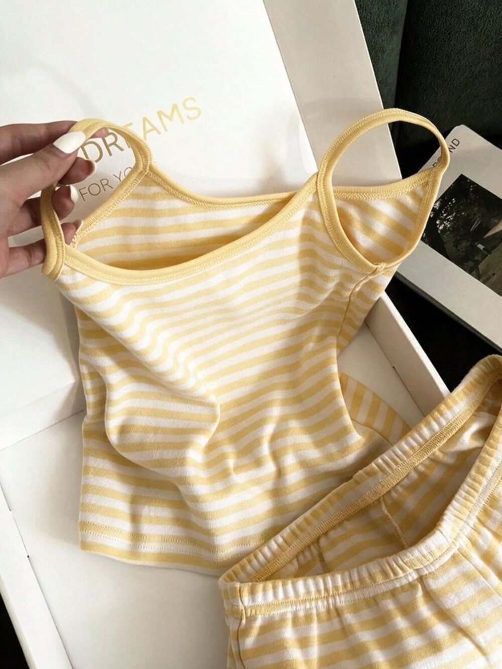 Light Yellow Casual Women's Vacation Striped Camisole Top And Shorts Set